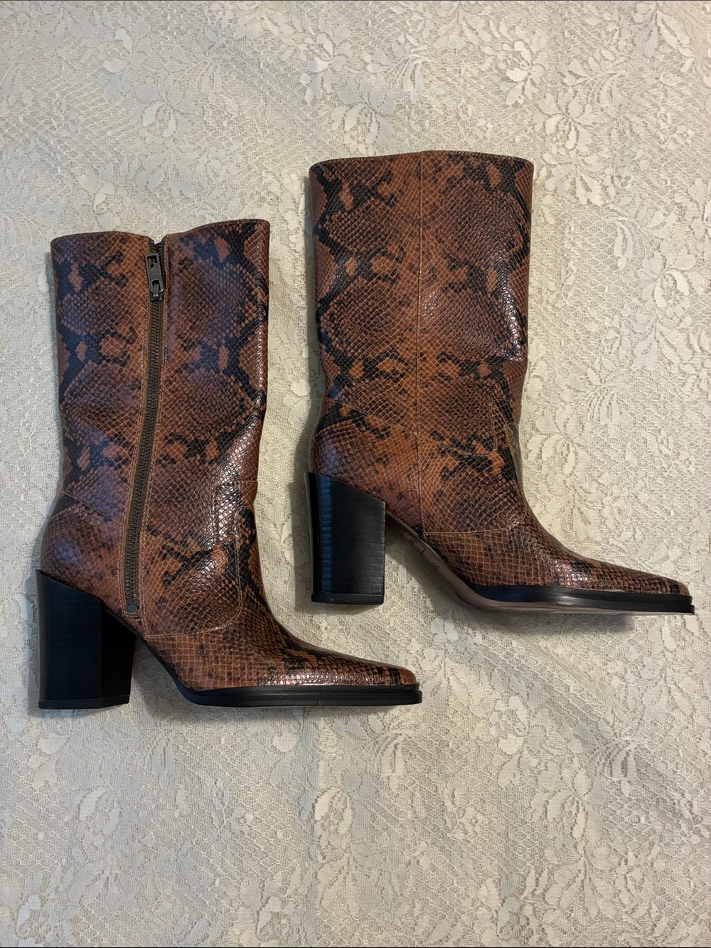 Franco Sarto Brown Snake-Print Mid-Calf Block Heel Boots NWT Sz 7